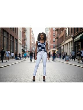 Zenana Outfitters Women's Navy and White Striped Tank Top, Size M